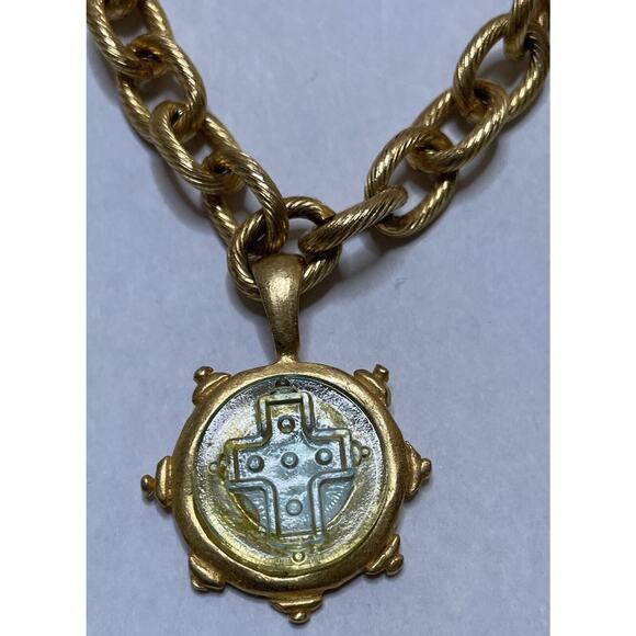 Susan Shaw Venetian Glass Intaglio Cross Pendant Necklace 16" 24kt Plate 3" Ext - Picture 2 of 14